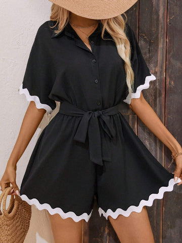 Women Summer Color Block Belted Button-Front Half Placket Jumpsuit