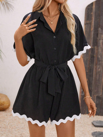 Women Summer Color Block Belted Button-Front Half Placket Jumpsuit