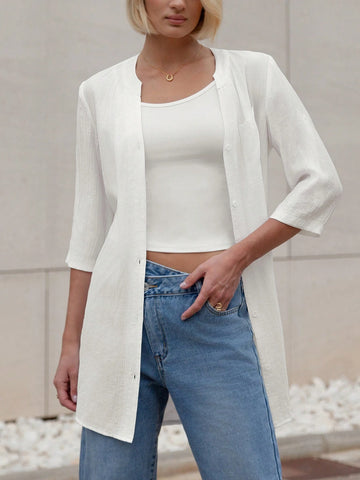 Essnce Women Summer Long Beach Holiday Loose And Breathable Seven-Sleeve Pocket Shirt Jacket