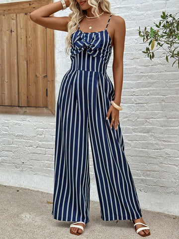 Women Summer Striped Wide-Leg Jumpsuit With Bow Decoration, Casual Straps And Vacation Wear