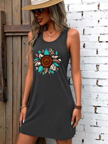 Women Summer Sunflower Graphic Tank Tee Dress