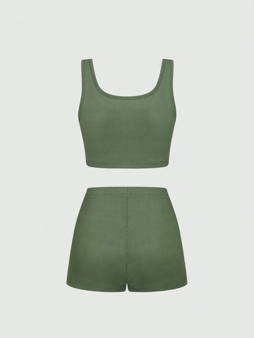 Women Summer Two Piece Set: Crop Top Vest And Letter Print Shorts, Casual Outfit