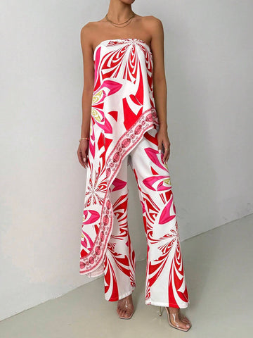 Women Floral Print Asymmetric Hem Tube Top And Pants Casual Suit, For Vacation