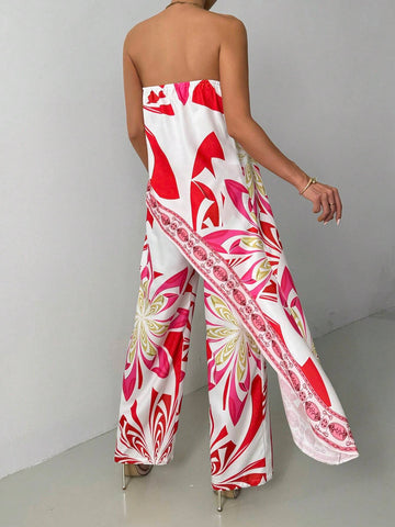 Women Floral Print Asymmetric Hem Tube Top And Pants Casual Suit, For Vacation