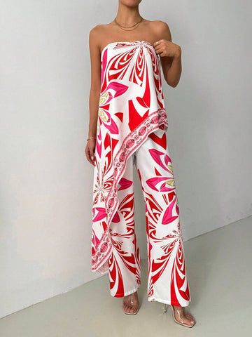 Women Floral Print Asymmetric Hem Tube Top And Pants Casual Suit, For Vacation