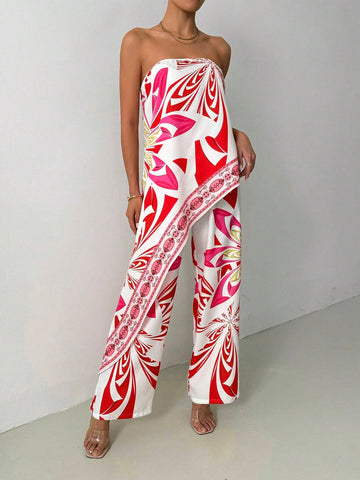 Women Floral Print Asymmetric Hem Tube Top And Pants Casual Suit, For Vacation