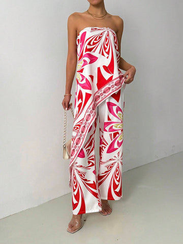 Women Floral Print Asymmetric Hem Tube Top And Pants Casual Suit, For Vacation
