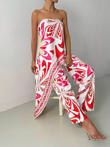 Women Floral Print Asymmetric Hem Tube Top And Pants Casual Suit, For Vacation