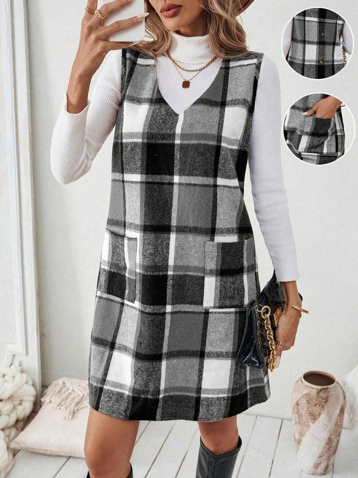 Women V-Neck Plaid Pattern Back Button Decor Suspender Midi Dress