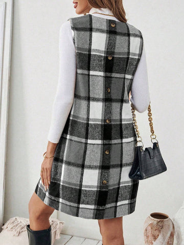 Women V-Neck Plaid Pattern Back Button Decor Suspender Midi Dress