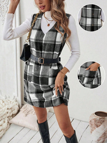 Women V-Neck Plaid Pattern Back Button Decor Suspender Midi Dress