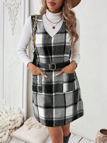 Women V-Neck Plaid Pattern Back Button Decor Suspender Midi Dress