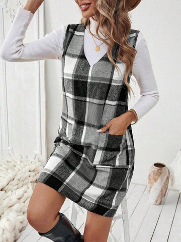 Women V-Neck Plaid Pattern Back Button Decor Suspender Midi Dress