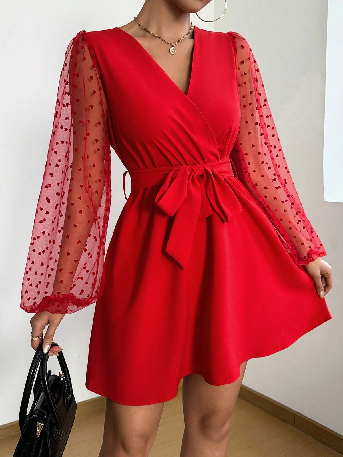 Women V-Neck Sweater With Heart Mesh Long Sleeve Short Elegant Dress