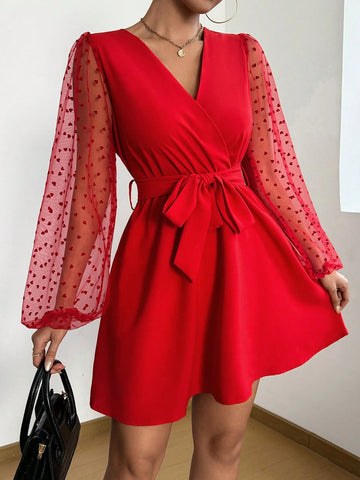 Women V-Neck Sweater With Heart Mesh Long Sleeve Short Elegant Dress