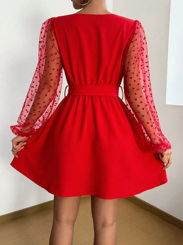 Women V-Neck Sweater With Heart Mesh Long Sleeve Short Elegant Dress