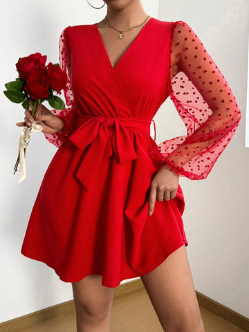 Women V-Neck Sweater With Heart Mesh Long Sleeve Short Elegant Dress