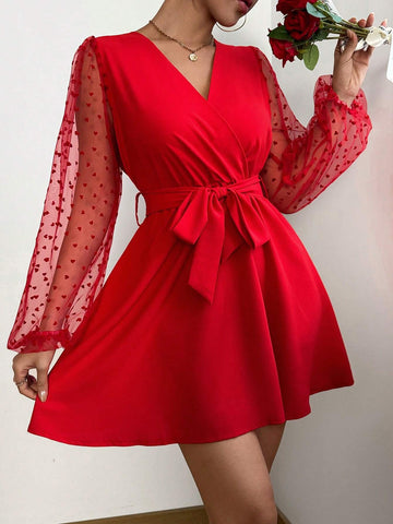 Women V-Neck Sweater With Heart Mesh Long Sleeve Short Elegant Dress