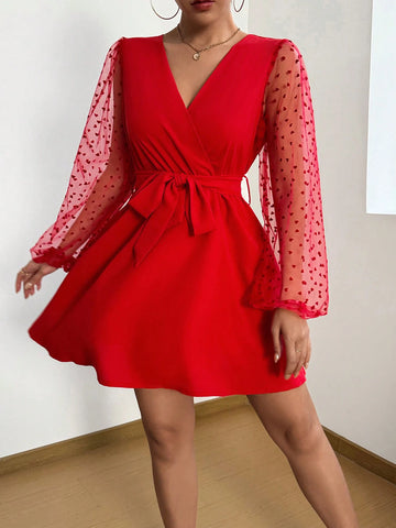 Women V-Neck Sweater With Heart Mesh Long Sleeve Short Elegant Dress