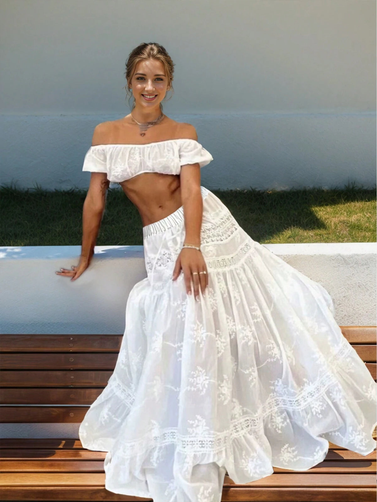 Essnce Women Vacation Leisure White Contrast Lace Embroidered Flower Skirt Summer Clothes Beach Women Outfits Hollow Out Embroidery Flounce Edge Decorated Casual Skirt Hawaiian Skirt White Skirt