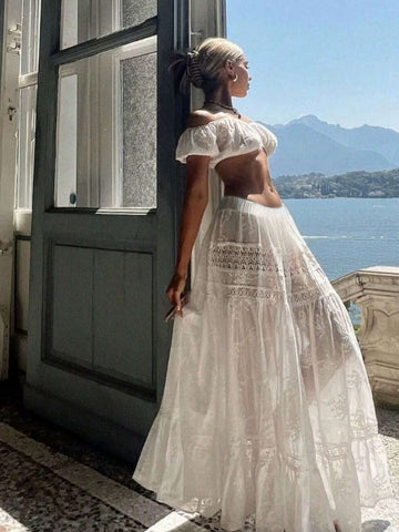 Essnce Women Vacation Leisure White Contrast Lace Embroidered Flower Skirt Summer Clothes Beach Women Outfits Hollow Out Embroidery Flounce Edge Decorated Casual Skirt Hawaiian Skirt White Skirt