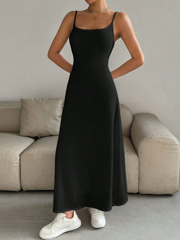Women Waffle Grid Spaghetti Strap Dress With Lace Neckline