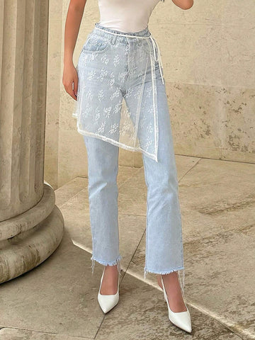 Essnce Women White Lace Tie-Up Layered Skirt With Attached Apron To Cover Buttocks For Summer