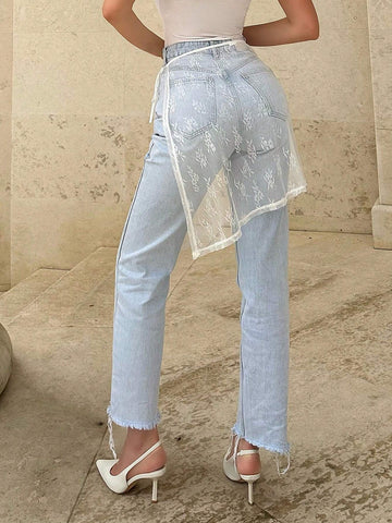 Essnce Women White Lace Tie-Up Layered Skirt With Attached Apron To Cover Buttocks For Summer