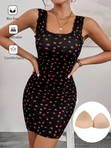 Women's Allover Print Bra Free Summer Dress With Square Neckline, Wide Strap, Sleeveless And
