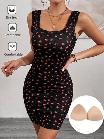 Women's Allover Print Bra Free Summer Dress With Square Neckline, Wide Strap, Sleeveless And