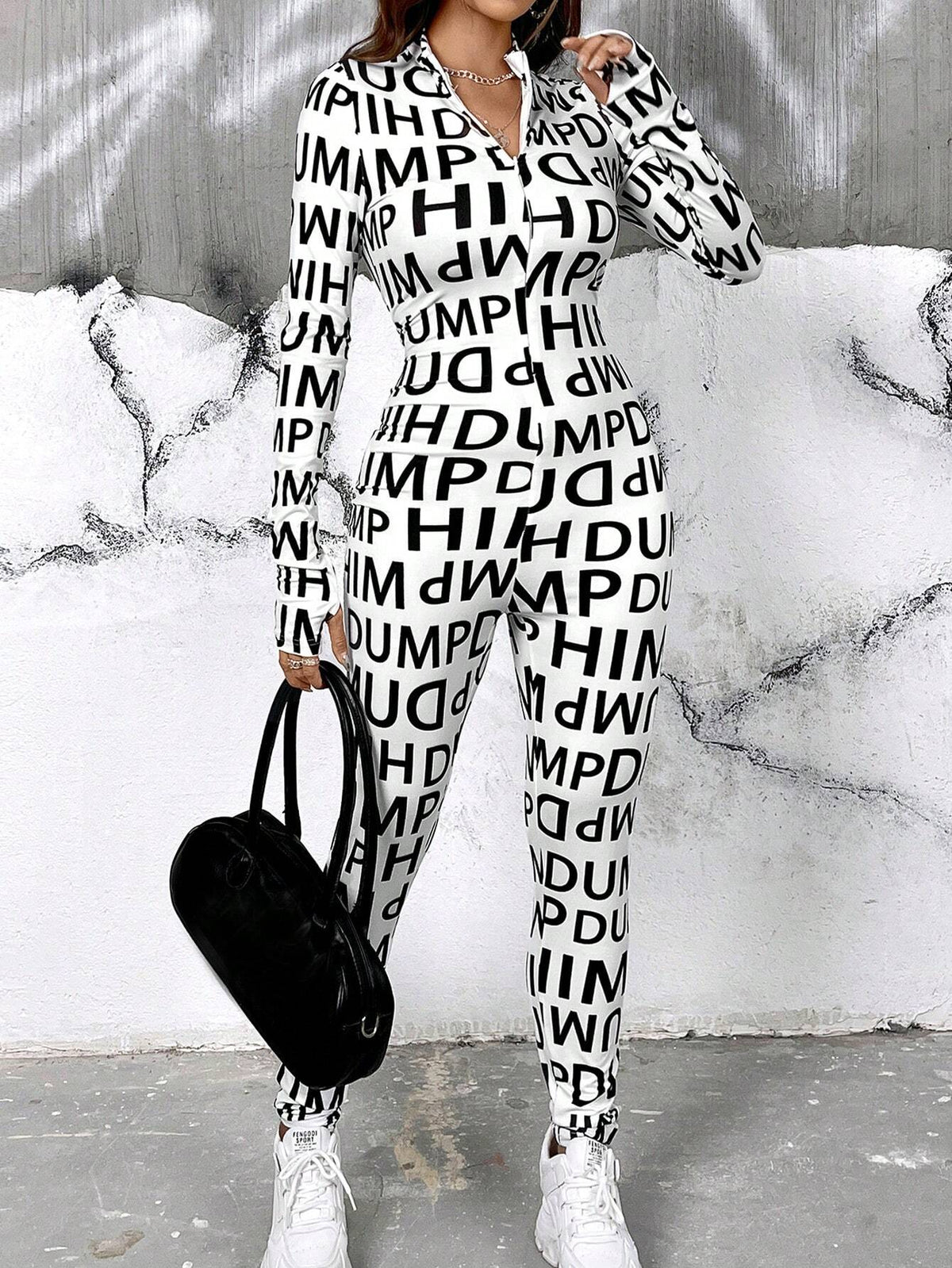 Women's Allover Printed Monogram Stand Collar Jumpsuit