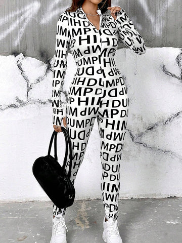 Women's Allover Printed Monogram Stand Collar Jumpsuit