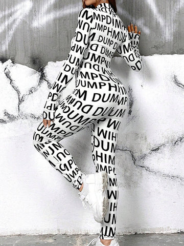 Women's Allover Printed Monogram Stand Collar Jumpsuit