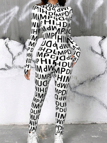 Women's Allover Printed Monogram Stand Collar Jumpsuit