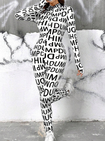 Women's Allover Printed Monogram Stand Collar Jumpsuit