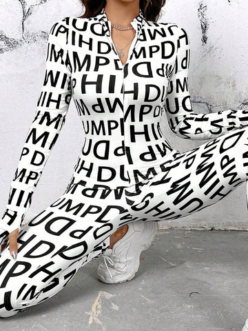 Women's Allover Printed Monogram Stand Collar Jumpsuit