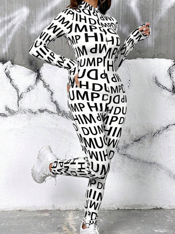 Women's Allover Printed Monogram Stand Collar Jumpsuit