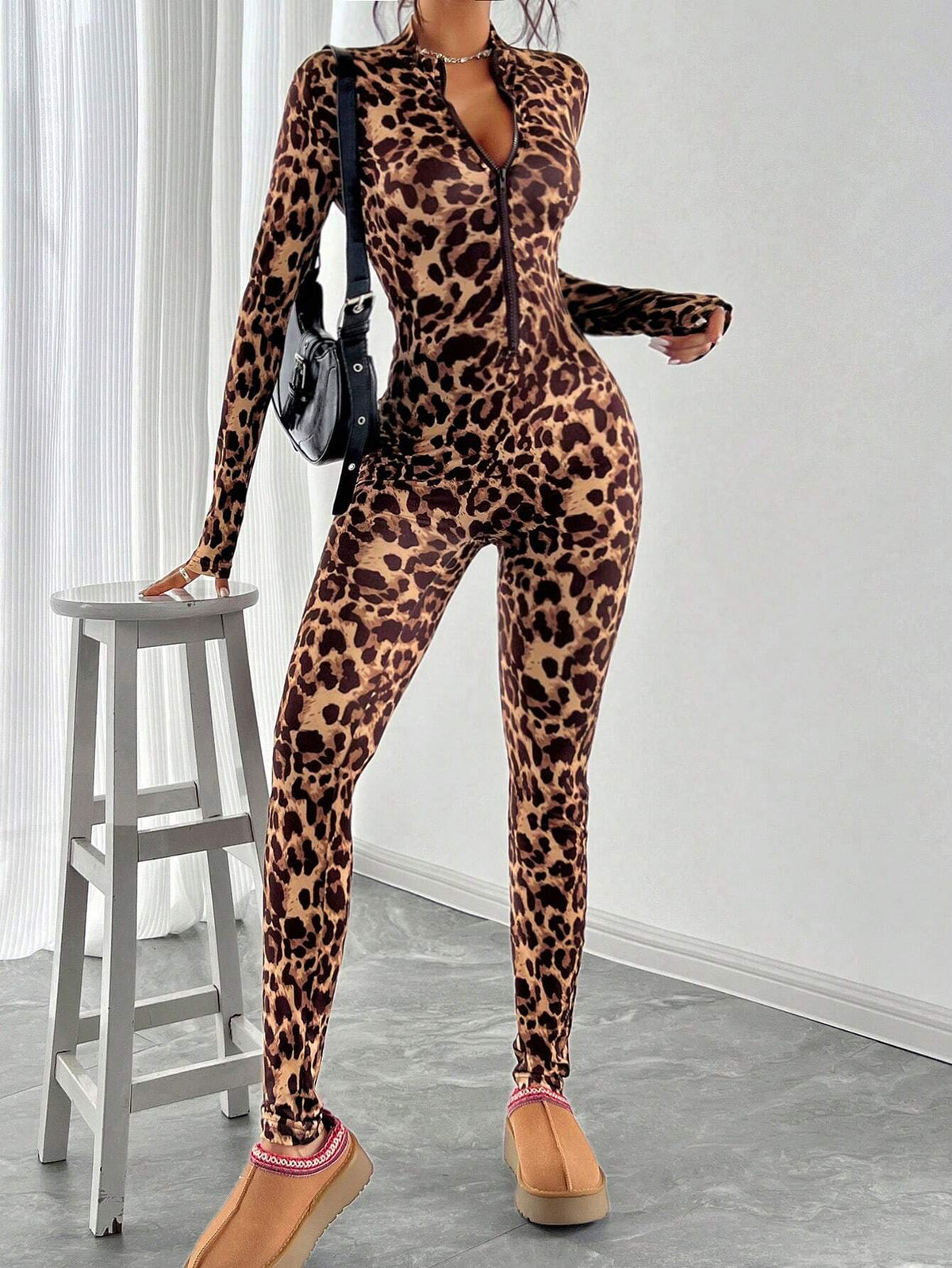 Women's American Casual Long Sleeve Leopard Print Zip Up Jumpsuit, Autumn/Winter