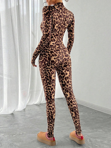 Women's American Casual Long Sleeve Leopard Print Zip Up Jumpsuit, Autumn/Winter