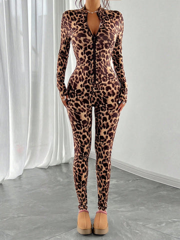 Women's American Casual Long Sleeve Leopard Print Zip Up Jumpsuit, Autumn/Winter