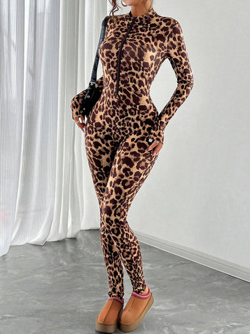 Women's American Casual Long Sleeve Leopard Print Zip Up Jumpsuit, Autumn/Winter