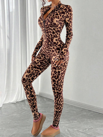 Women's American Casual Long Sleeve Leopard Print Zip Up Jumpsuit, Autumn/Winter