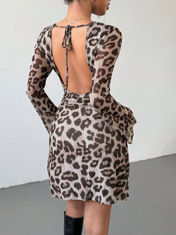 Women's Animal Print Leopard Pattern Backless Tie Up Mini Dress, Fashion Summer Dress, Lon