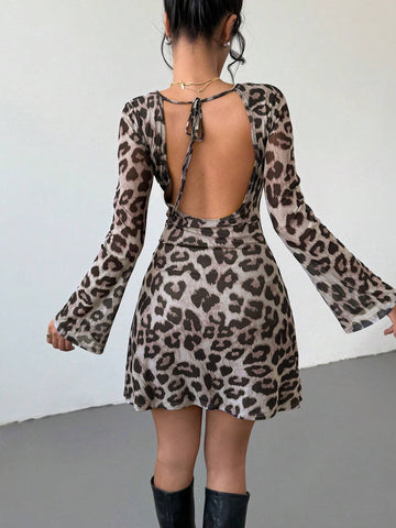 Women's Animal Print Leopard Pattern Backless Tie Up Mini Dress, Fashion Summer Dress, Lon