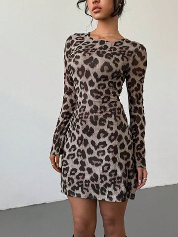 Women's Animal Print Leopard Pattern Backless Tie Up Mini Dress, Fashion Summer Dress, Lon