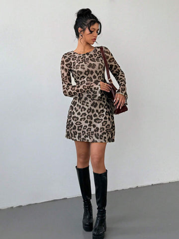 Women's Animal Print Leopard Pattern Backless Tie Up Mini Dress, Fashion Summer Dress, Lon