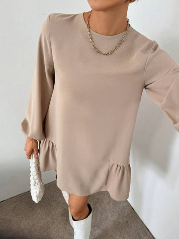 Women's Autumn And Winter Casual Loose Long-Sleeved Khaki Dress,Fall Short Dress,Fall Women Outfits,Office Wear,Work Women Dresses Round Neck Lantern Sleeve Ruffle Hem Fashionable Mini Dress Thanksgiving Dress Christmas Clothes