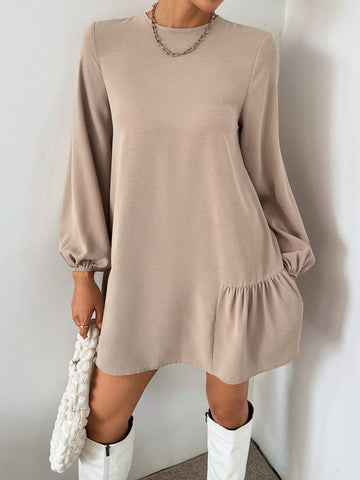 Women's Autumn And Winter Casual Loose Long-Sleeved Khaki Dress,Fall Short Dress,Fall Women Outfits,Office Wear,Work Women Dresses Round Neck Lantern Sleeve Ruffle Hem Fashionable Mini Dress Thanksgiving Dress Christmas Clothes