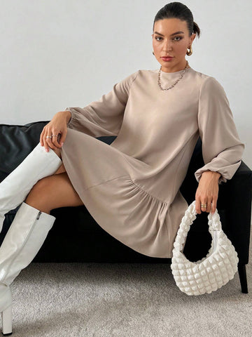 Women's Autumn And Winter Casual Loose Long-Sleeved Khaki Dress,Fall Short Dress,Fall Women Outfits,Office Wear,Work Women Dresses Round Neck Lantern Sleeve Ruffle Hem Fashionable Mini Dress Thanksgiving Dress Christmas Clothes