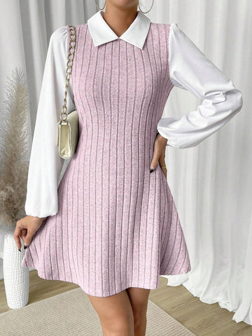 Women's Autumn Casual Colorblock Lantern Sleeve Dress